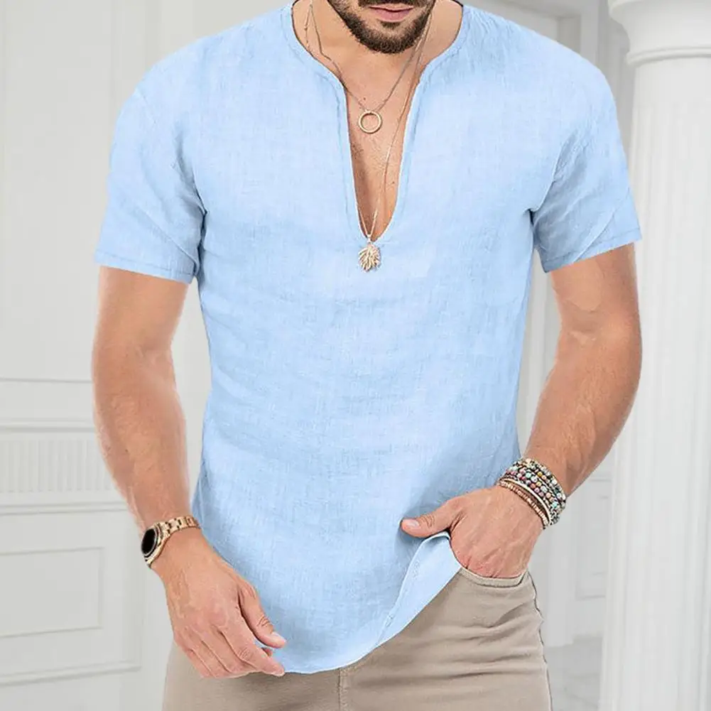 

Легкая рубашка, стильная мужская пляжная одежда, облегающая футболка с V-образным вырезом на лето, повседневный пуловер, однотонный топ 3 года