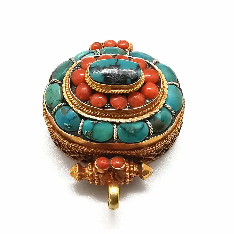 

Tibetan Prayer Box GAU 925 Silver Golden Plated Inlaid Turquoise Round Big Vintage Pendants Free Shipping T9135