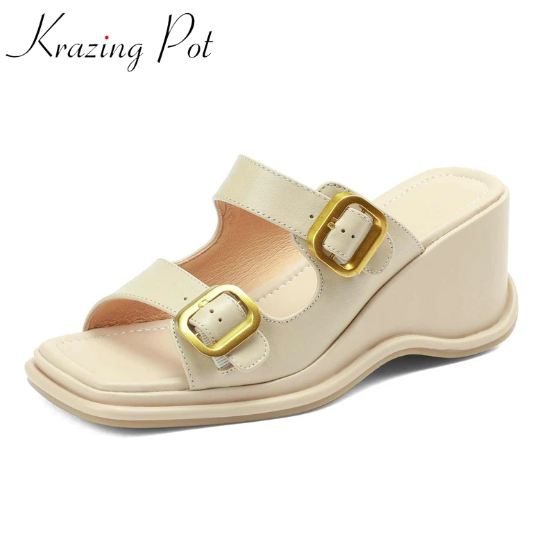 

Krazing Pot Big Size 43 Genuine Leather Peep Toe High Heel Wedges Mules Buckle Decoration Young Lady Leisure Women Sandals L72
