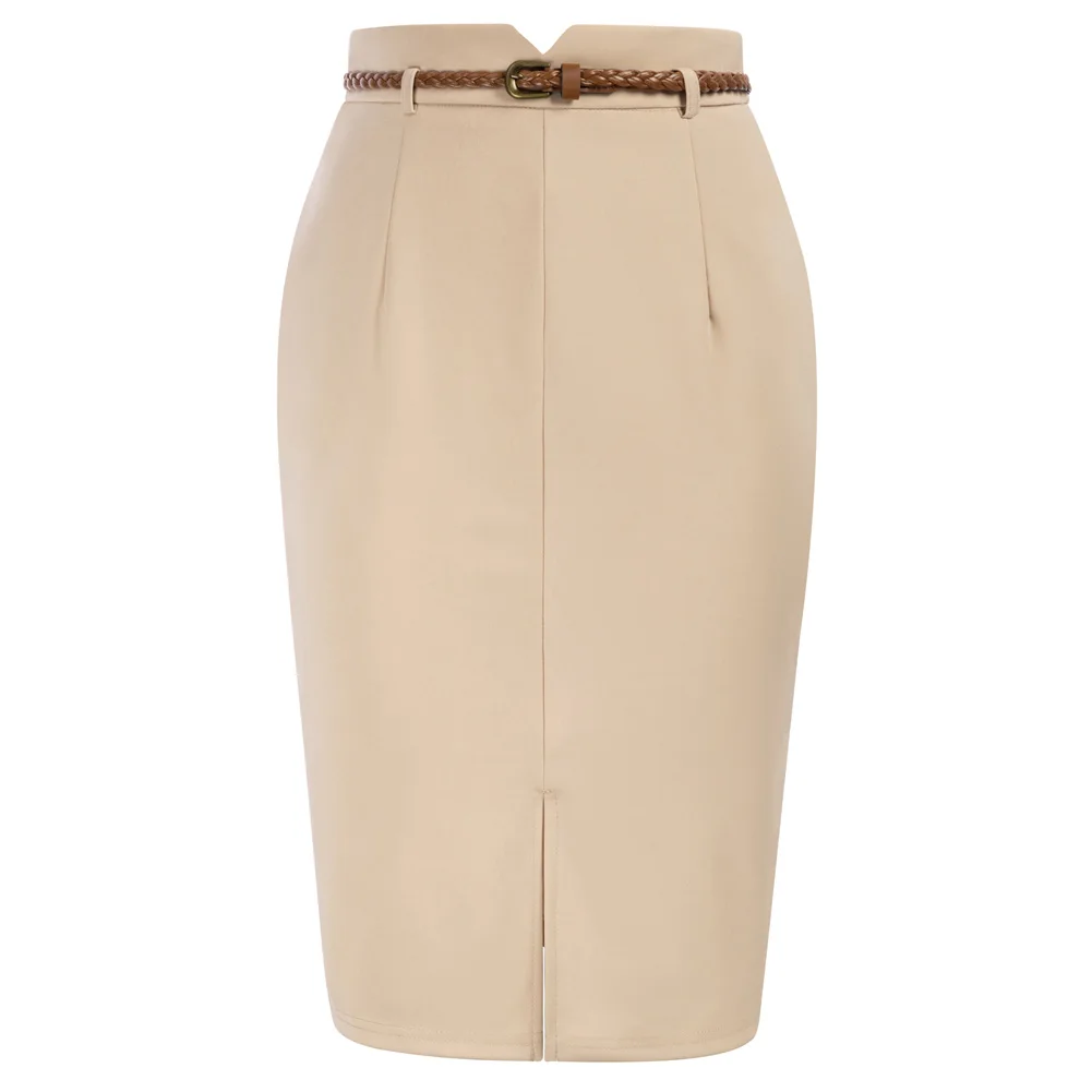 

Women's High Waisted Pencil Skirts Slit Office Business Pencil Skirt With Belt Vintage Center Front Slit Skirt Bodycon Workwear