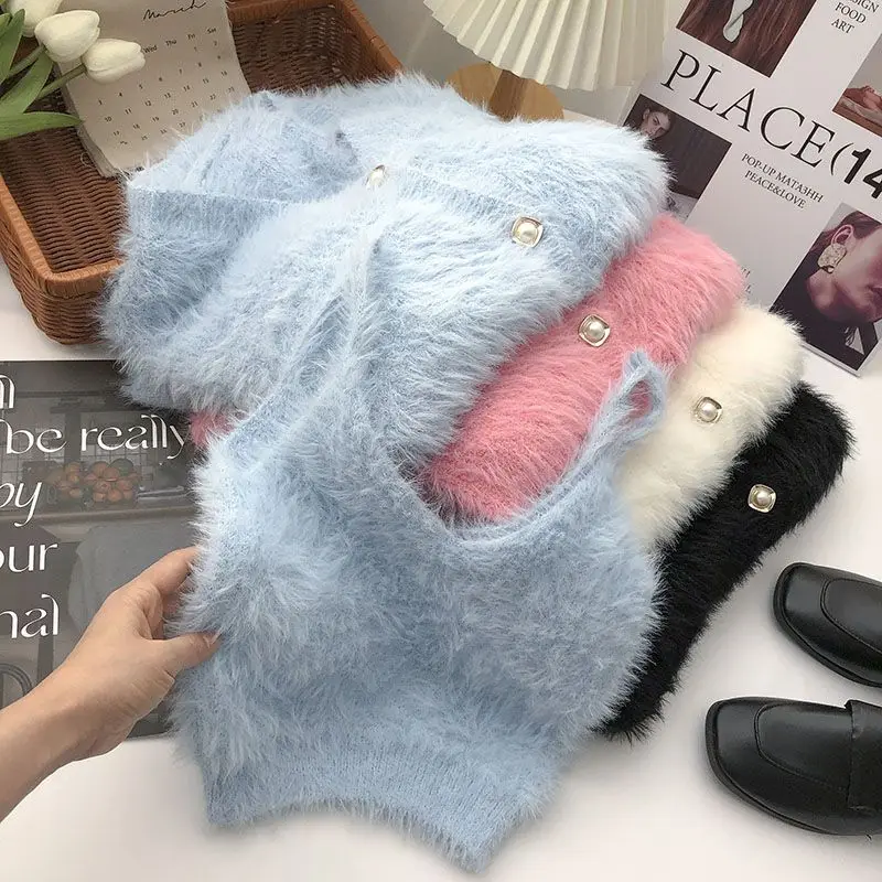 Норковая кашемировая кофта Топы корейская мода флисовый короткий розовый