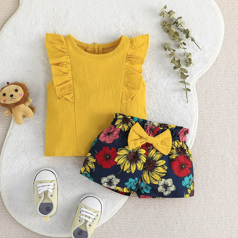 

Girls 0-3 Years Old Sleeveless Solid Color Top Suit Baby T-shirt + Printed Shorts Two-piece Set Costume for Girls 2023