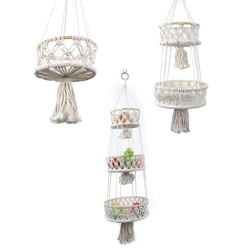 

Hanging Fruit Basket 3 Tier Woven Cotton Rope Wall Baskets Kitchen Produce Storage Organizer Plant Holder Macrame Boho Home