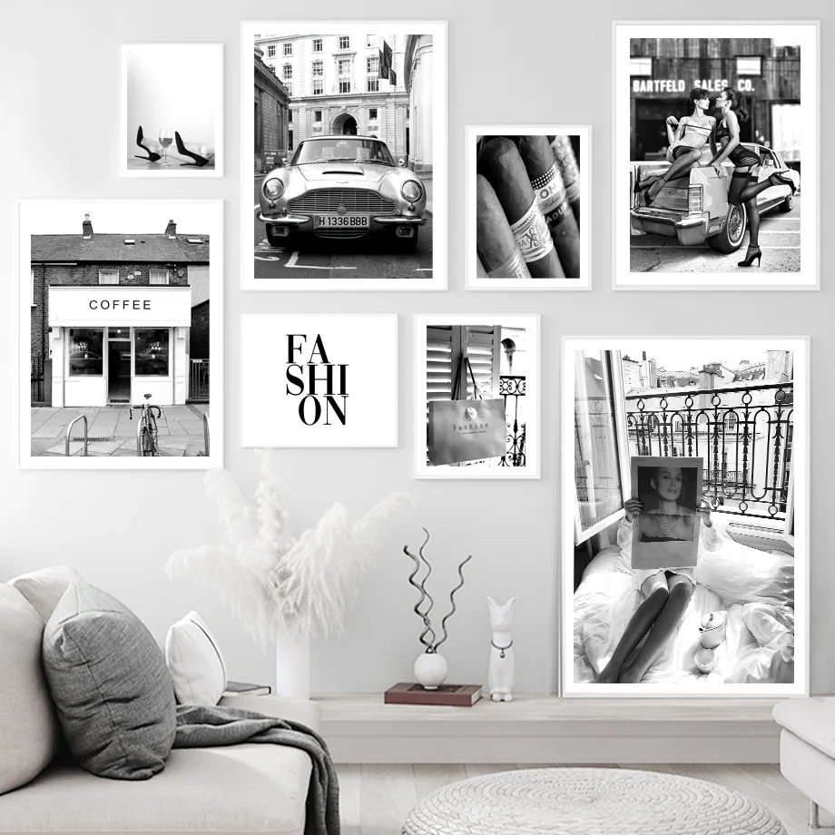 

Fashion Woman Coffee Cigar Car Vintage Black White Wall Art Pictures Canvas Painting Nordic Posters And Prints Living Room Decor