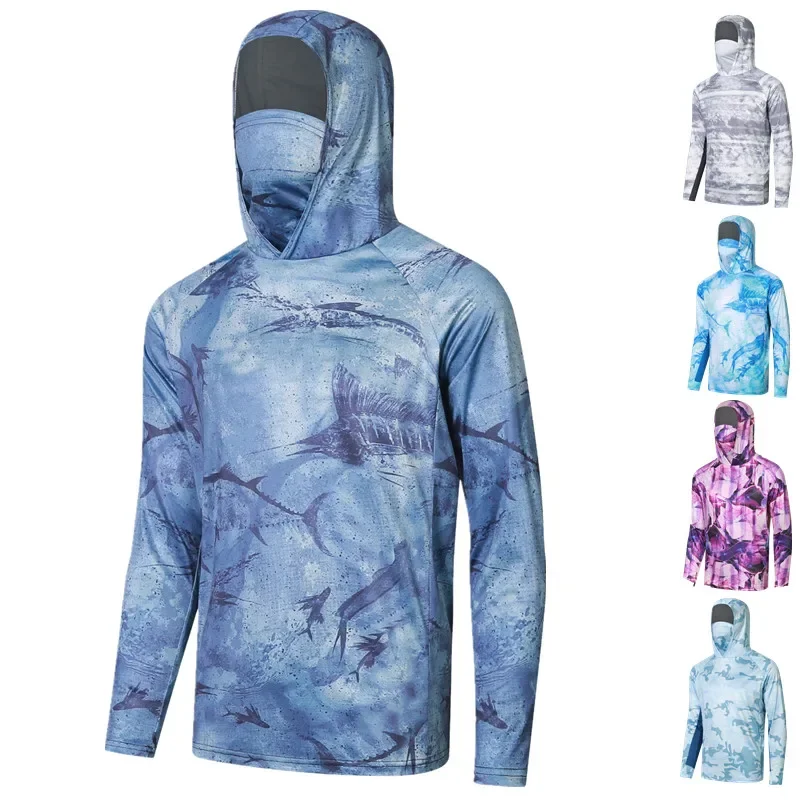 

Men's Fishing Hoodie Shirts UV Protection Long Sleeve Fishing Shirts With Neck Gaiter Moisture Wicking Mask Fishing Tops