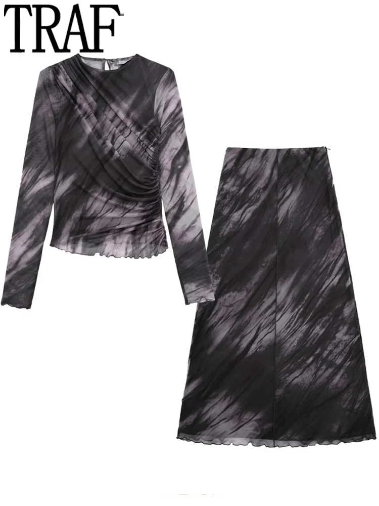 

TRAF Tulle Crop Top Female Print Ruched Blouses Women Casual Asymmetric Semi Sheer Tops Women Long Sleeve Women Tops and Blouses