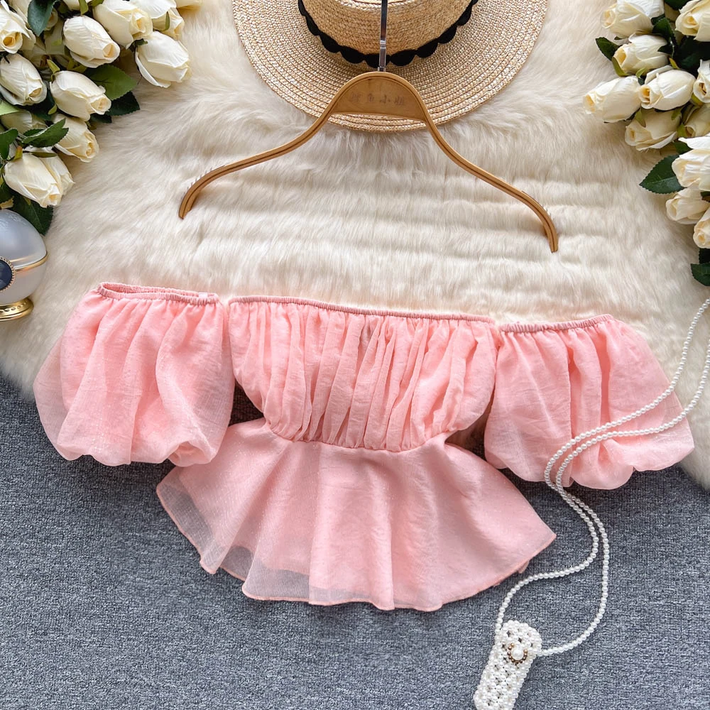 

Off Shoulder Sexy Organza Short Tops Women New Fashion Summer Sweet Slash Neck Short Sleeve Ruffle Shirt Blouse Mujer F275