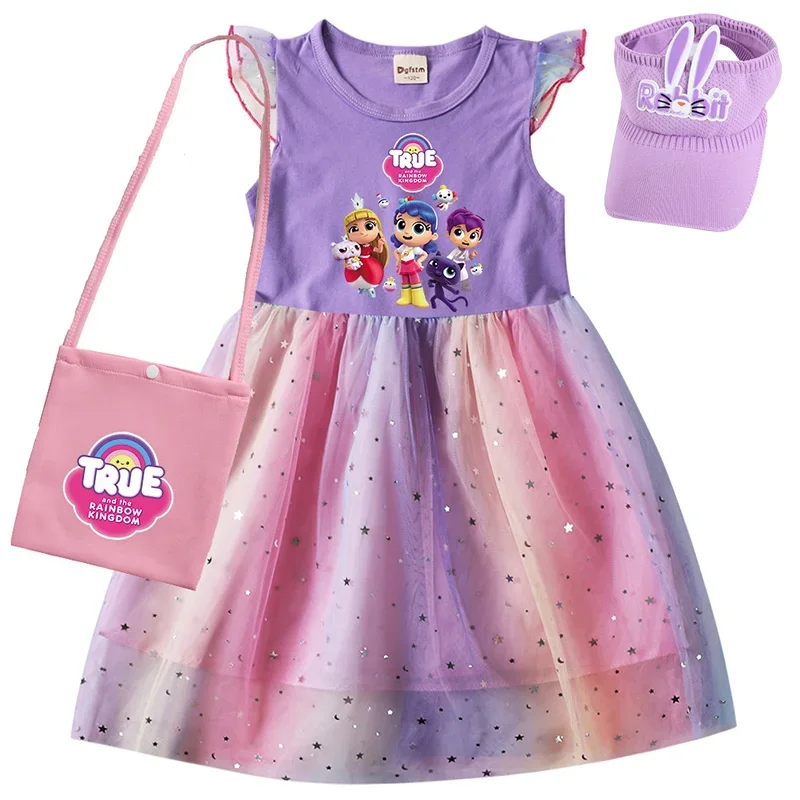 Платье принцессы с надписью True Rainbow Kingdom детское милое платье-футболка Сетчатое