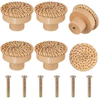 6pcs boho rattan dresser knobs round wooden drawer knobs handmade wicker woven and screws for boho furniture knobs