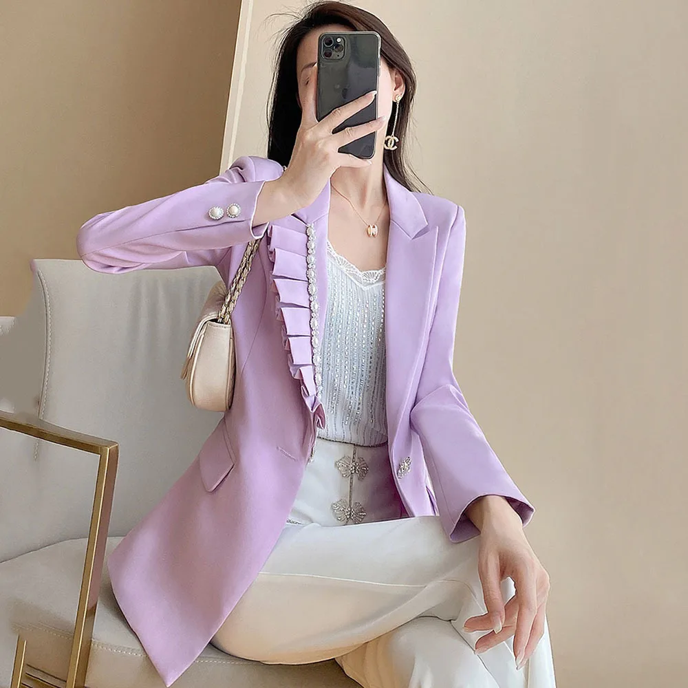 

Женский блейзер с жемчужной оборкой, фиолетовый элегантный повседневный пиджак с одной пряжкой, осень 2022