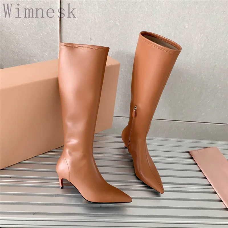 

Женские ботинки до середины икры, с острым носком, из натуральной кожи, на молнии, на высоком каблуке, весна-осень 2023