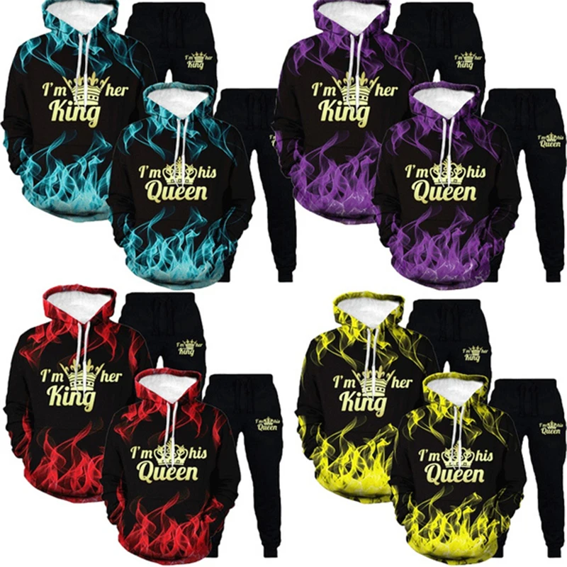 

3D Graphic King and Queen Hoodies Pullovers Hooded Sweatshirt Pants Valentine's Day Matching Crown Print Couples Top Men Women