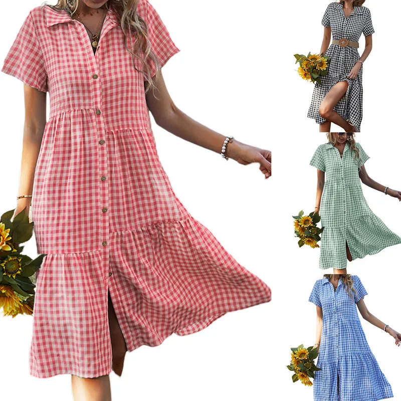 

Женское Повседневное платье-рубашка на пуговицах, классическое свободное клетчатое ТРАПЕЦИЕВИДНОЕ ПЛАТЬЕ средней длины с коротким рукавом, Повседневная Уличная одежда, лето 2023