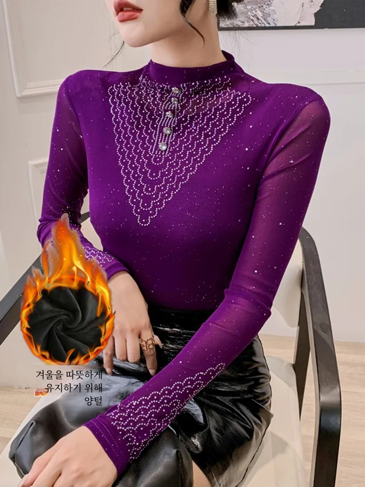 Осенне-зимняя рубашка с утолщенным низом на флисовой подкладке женская сетчатая