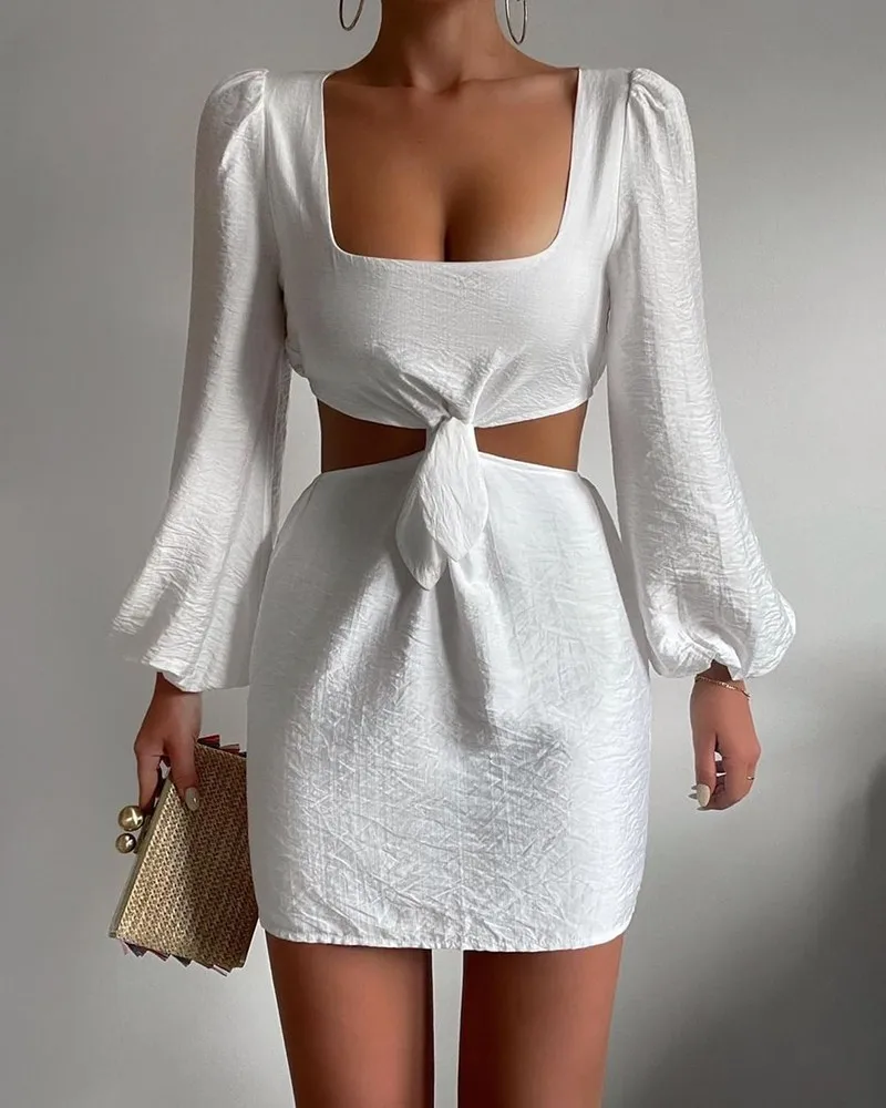 

Women Dress Autumn Spring White Temperament Square Neck Exposed Waist Lantern Long-sleeved High-waisted Hollow Pullover Skirt