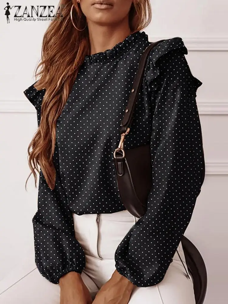 

Women OL Blouse 2022 Spring Polka Dot Tops ZANZEA Fashion Long Sleeve Blusa Casual Holiday Ruffle Shirt Lace Up Camisas Oversize