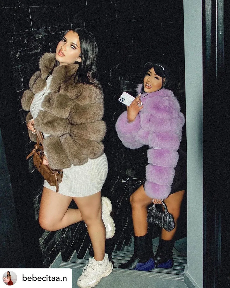 Winter Women Fox Fur Jacket Real Fur Coat Natural Raccoon Fur Coats Leather Jacket 100% Natural Real Fox Fur Coat Stand Collar