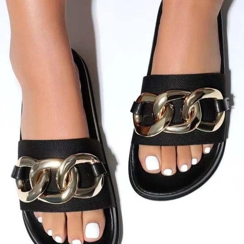 

2022 Summer Black Leather Women Slippers INS Style Sandals Brand Designer Golden Metal Chain Flat Slides Casual Split Toe Shoes