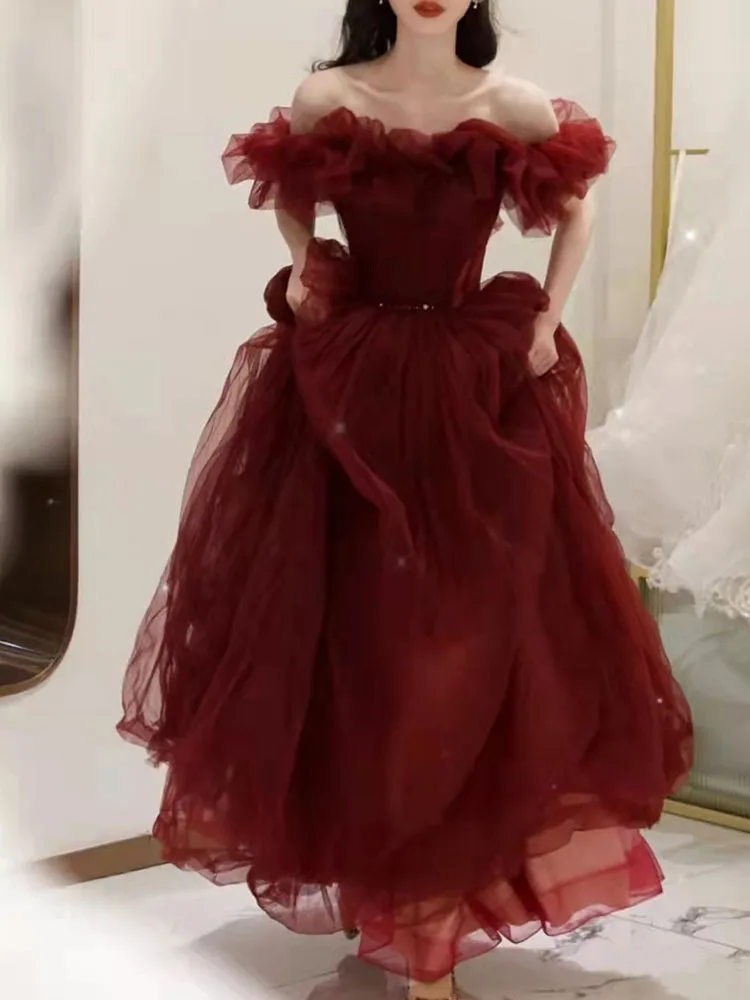 

Burgundy Prom Dress Strapless Evening Dresses Pleats Tulle with Satin Long Party Wearing