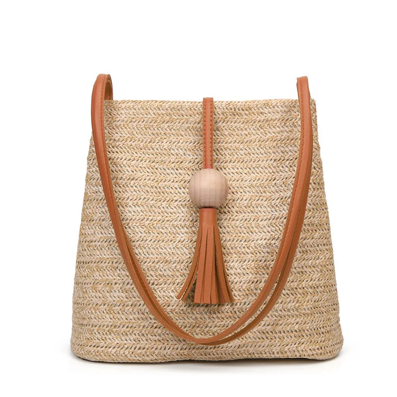 

Women Straw Bag Bohemian Rattan Beach Handbag Handmade Kintted Crossbody Bucket Bags Summer Tassel Beach Bag