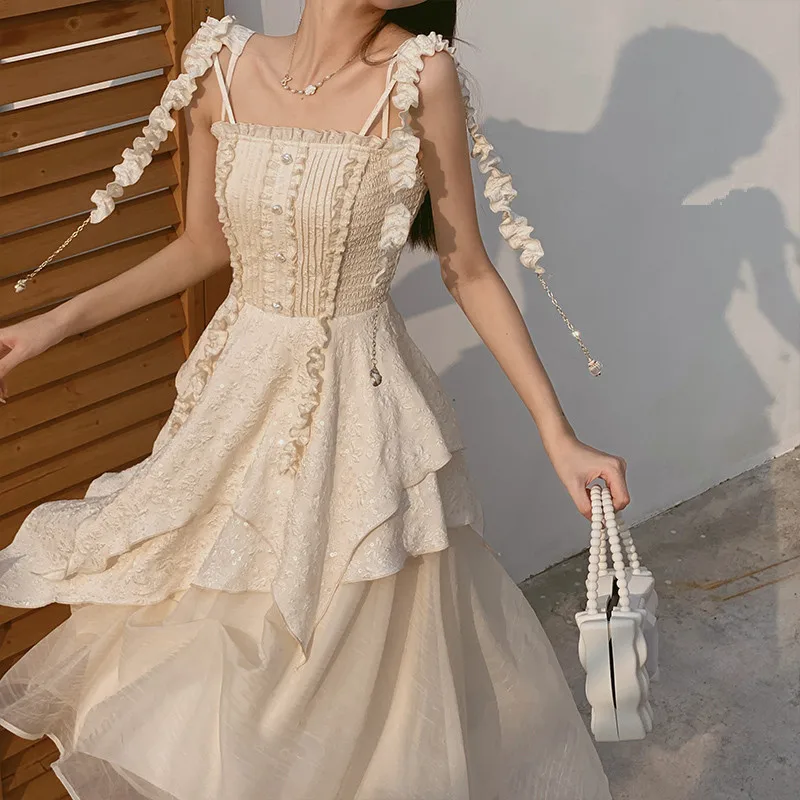 

Runway France Sweet Summer Prncess Dress Fashion Women Spaghetti Strap Jacquard Floral Ruffles Sexy Backless Party Midi Vestidos