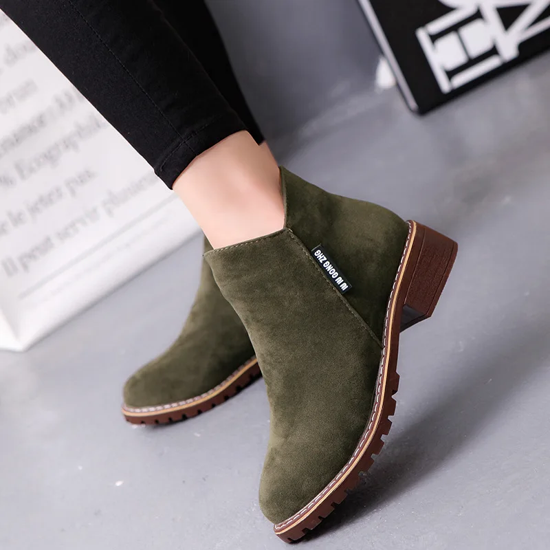 Plus Size 41 42 Solid Boots Women Spring Autumn Flock Med Heels Round Toe Low High Heels Ankle Booties Student Woman Short Boots