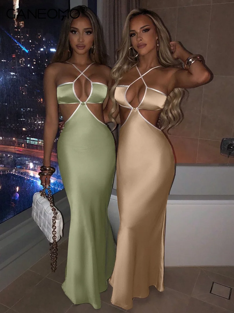 

Halter Backless Sleeveless Hollow Out Revealing Maxi Dress 2022 Spring Bodycon Sexy Streetwear Party Club Outfits Y2K