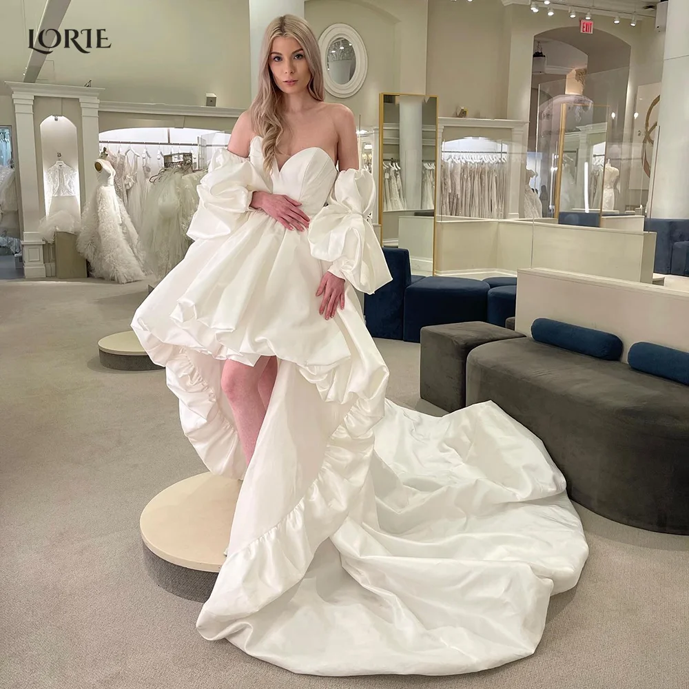 

LORIE Pleated High/Low Wedding Dresses Detachable Puff Sleeves Bohemia Princess Bridal Gowns A-Line Off Shoulder Bride Dress