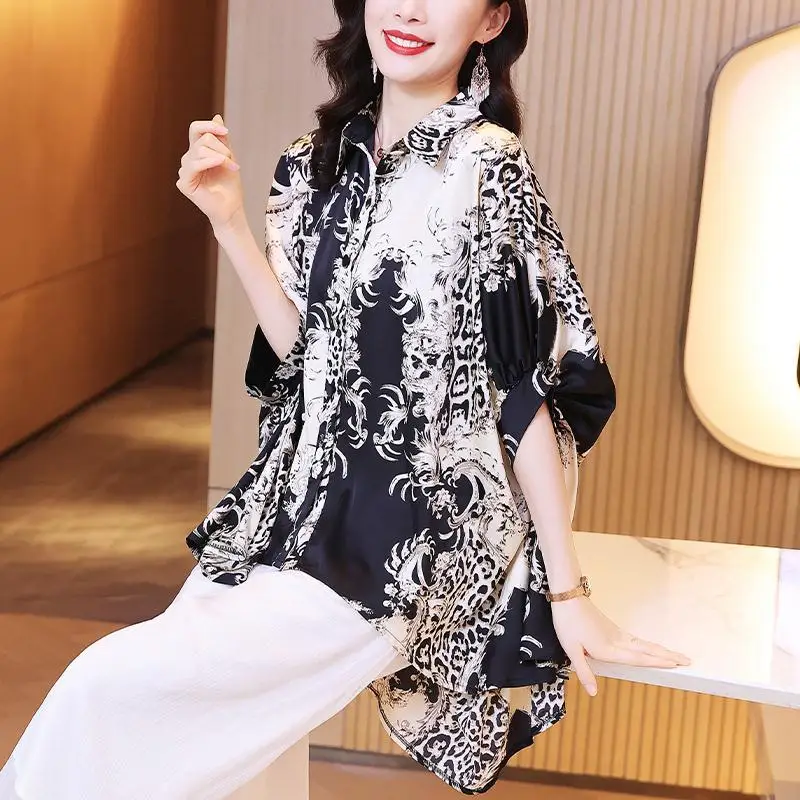 Женская шифоновая блузка в стиле ретро рубашка большого размера с леопардовым