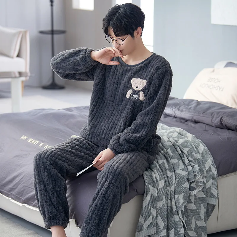 Warm Sleepwear Men's Coral Fleece Winter Thick Pajamas Set Male Long Sleeve Trousers Pijamas Plus Size Pyjamas Cartoon Home Wear