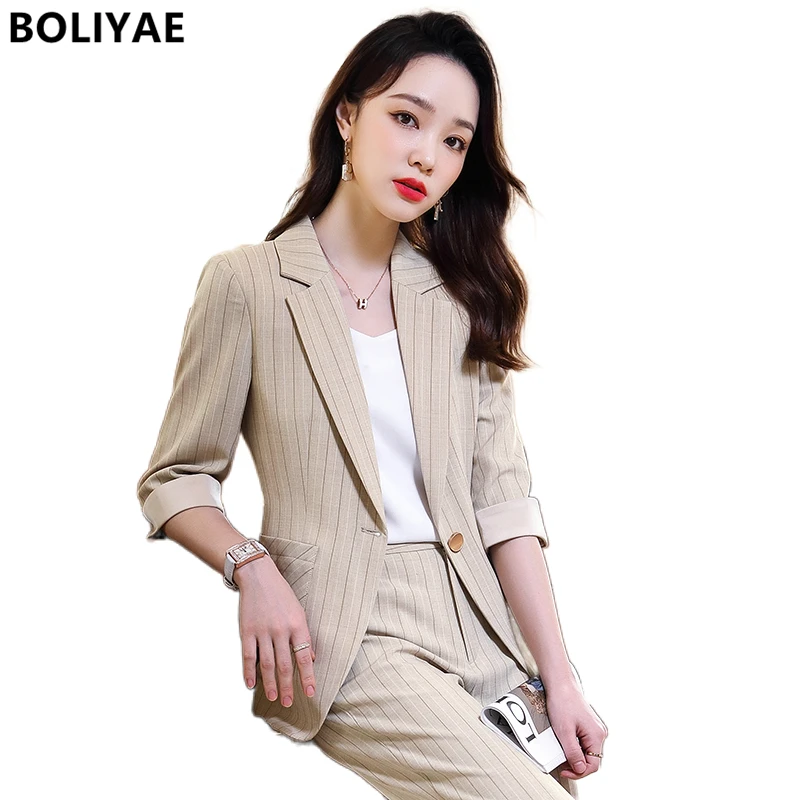 Women Suit Solid Color Fashion Casual Elegant Stripe Blazer Long Trousers Office Lady Ol Set Button Pocket Decor Jackets Pants