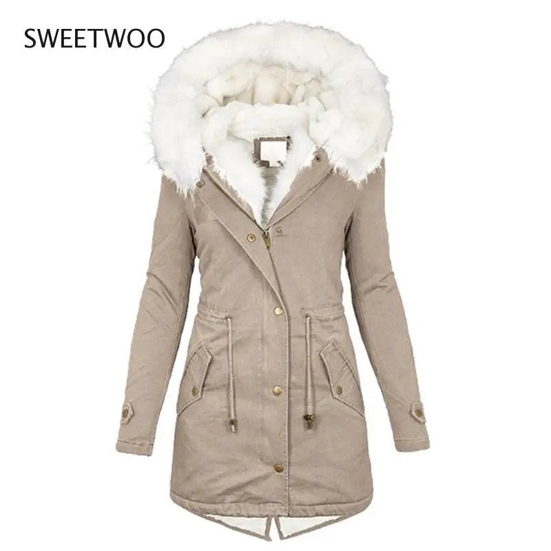 Winter Jacket Women 2021 White Fur Collar Fleece Mid-Length Cotton Hooded Warm Velvet Solid Color Fashion Coat Woman Jacket Tide