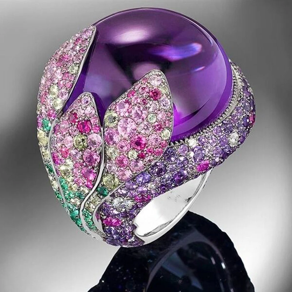 

New Gorgeous Colorful Cubic Zircon Violet Imitation Pearl Rings for Women Dance Party Delicate Gift Ring Lady Fashion Jewelry