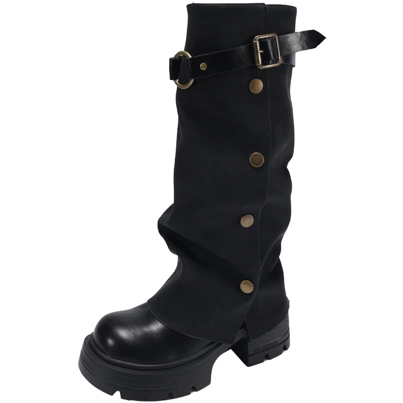 Женские зимние сапоги до колена на платформе и каблуке-шпильке