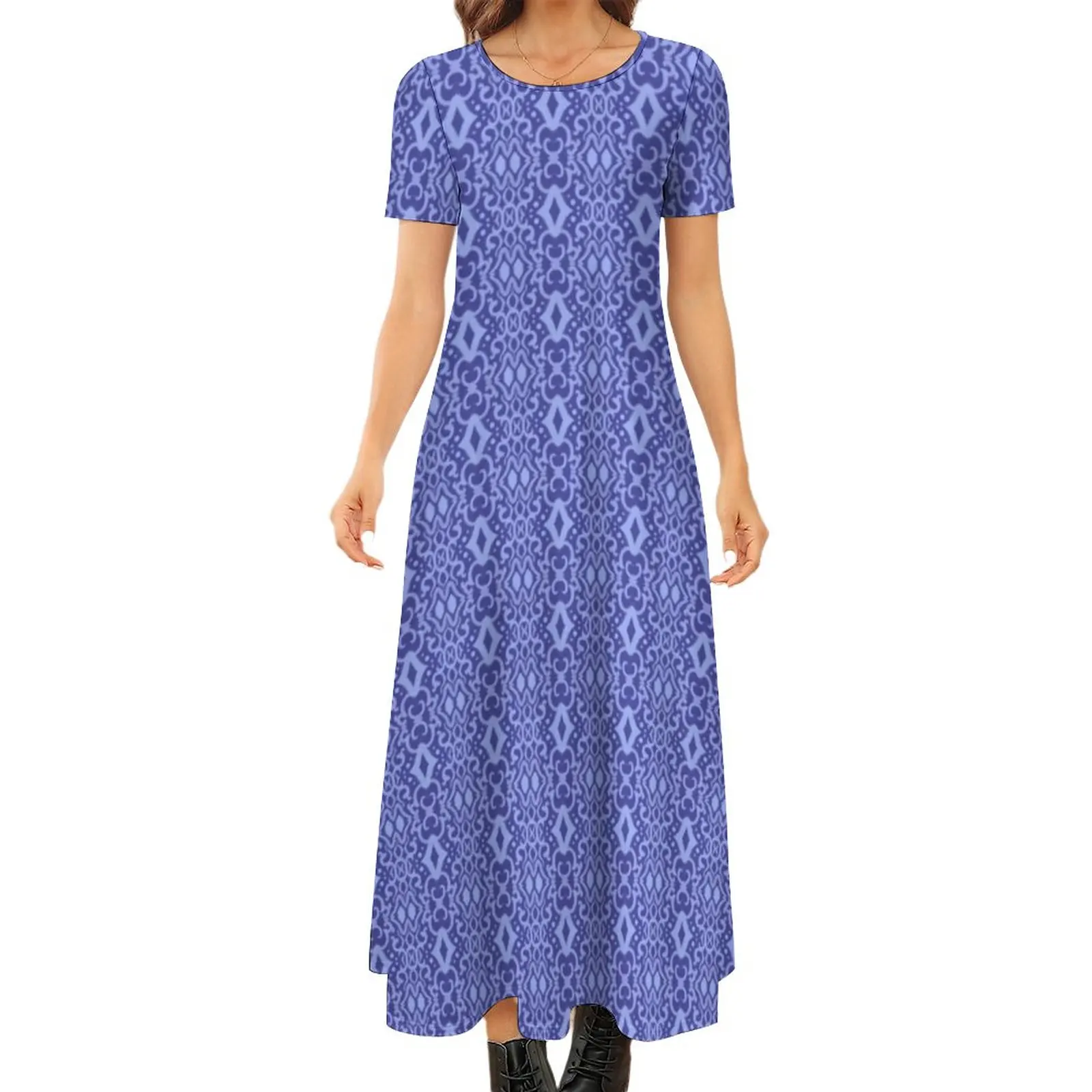 

Blue Bohemian Dress Middle Eastern Lines Elegant Maxi Dress Short Sleeve Funny Boho Beach Long Dresses Print Oversized Clothes