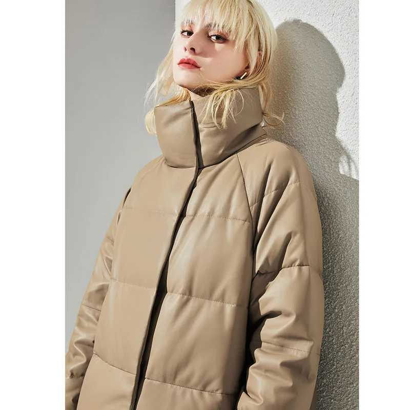 Женский кожаный пуховик воротник-стойка средней длины прямой натуральная овчина