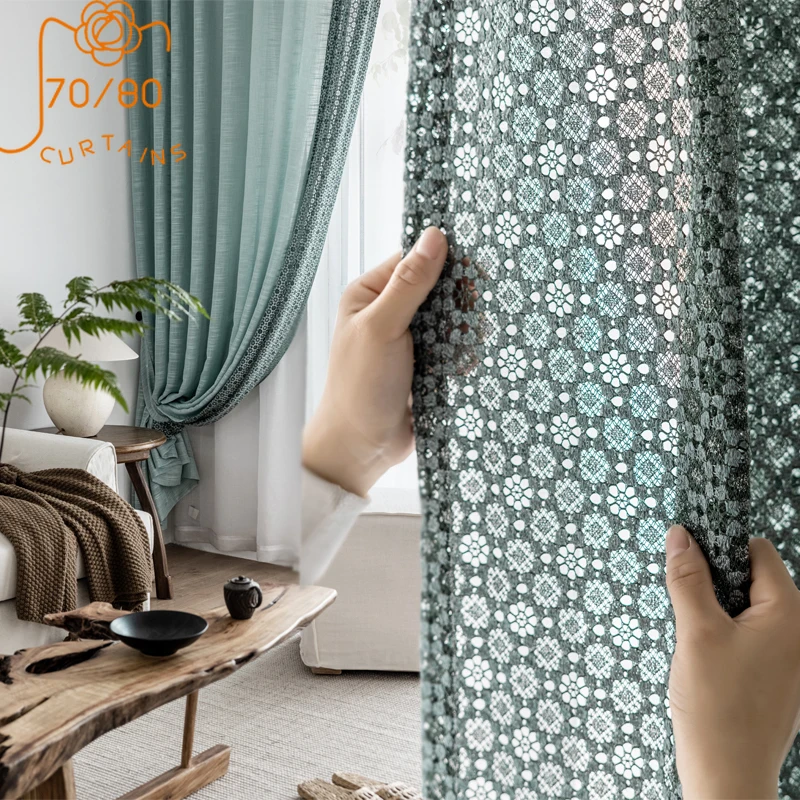 New Light Luxury Lace Jacquard Blue-green Window Screen Curtains for Living Room Bedroom Finished Product Customization