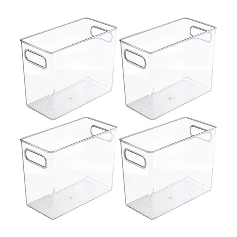 

4 Pack Tall Plastic Kitchen Pantry Cabinet, Refrigerator or Freezer Food Storage Bin with Handles - Organizer for Fruit