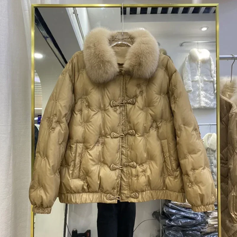 

Fashion 2023 New Winter Women Short Vintage Embroidery Puffer Jacket 90% Duck Down Coat Female Warm Outwear Real Fox Fur Collar