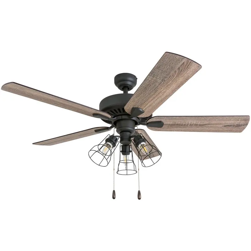 

52" Bronze Farmhouse Ceiling Fan with 5 Blades, 3 Arm Cage Light Kit, Pull Chains & Reverse Airflow