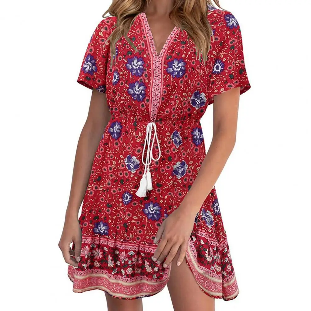 

V-neck Drawstring Belt Mini Dress Flowy Ruffle Hem Bohemian Floral Print Short Sleeve Women Dress Ladies Clothing
