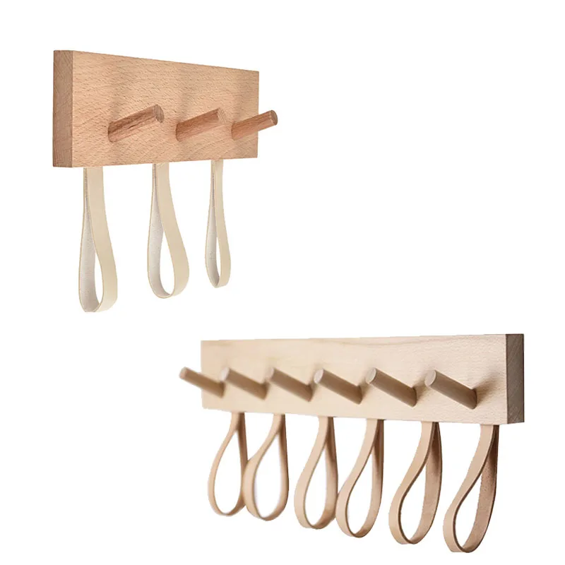 

Wooden Wall Mounted Entryway Coats Hooks With Leather Organizer,Bedroom And Bathroom Robe Racks,For Hats Bags