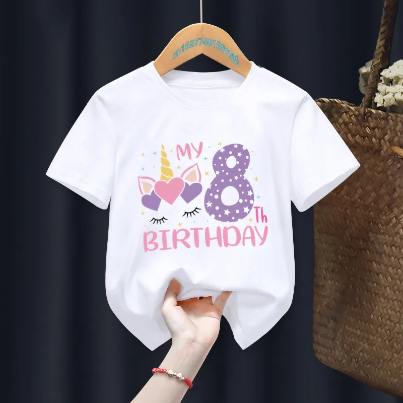 

Birthday Gift Present Clothes Children Unicorn Girl My 1-8th Birthday Number Print Name T-shirt Baby Letter Tops Tee,Drop Ship