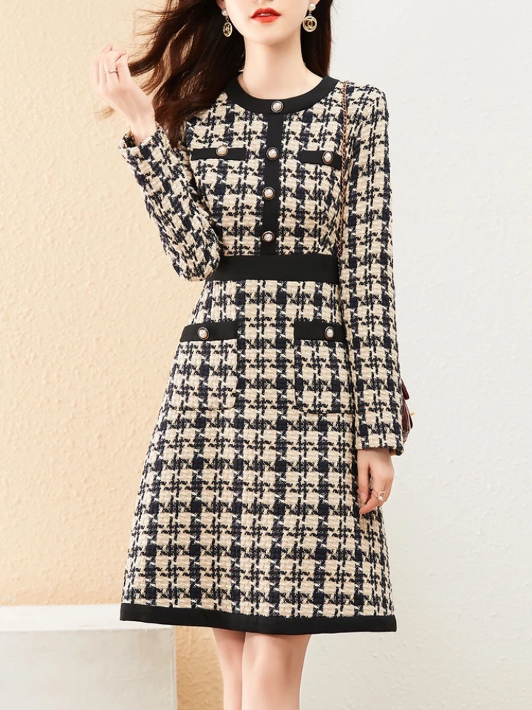 

Vintage Maxi Dresses for Women Bird Lattice A-Line O-Neck Knitting Mini Dress Button Female Woman Autumn Winter 2022 Clothing