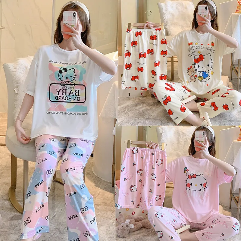 

Кавайная Пижама Sanrioed из аниме серии Hello Kitty из трех частей, шорты с коротким рукавом, брюки, праздничный подарок для маленьких девочек и девуш...