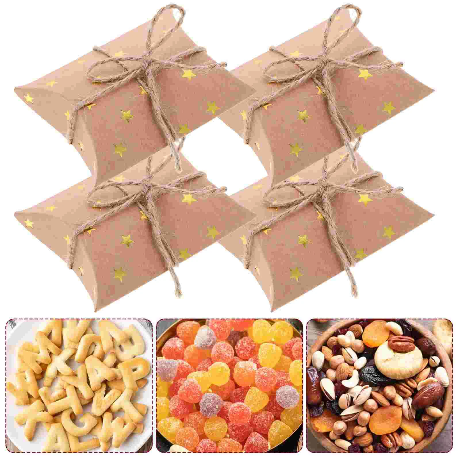 

1 Set of Pillow Shaped Kraft Paper Boxes Souvenir Packaging Boxes Wedding Candies Container with Rope
