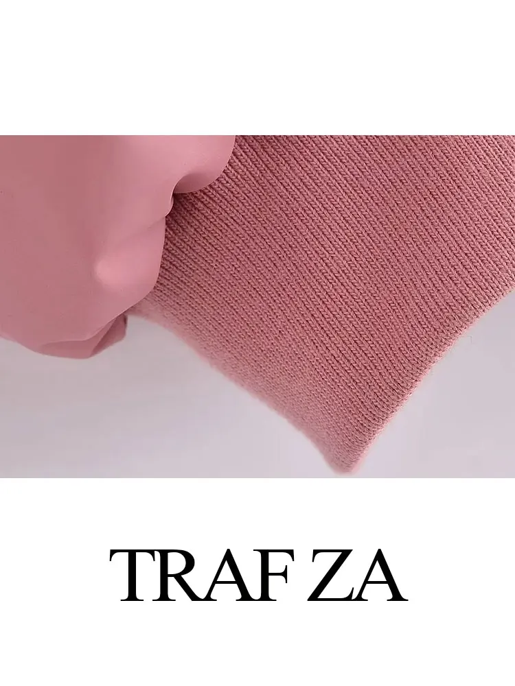 TRAF ZA 2022 Fashion Cotton Clothes Solid Color Simple Pink and Blue Premium Trend Zipper Half Turtleneck Casual Winter Jacket