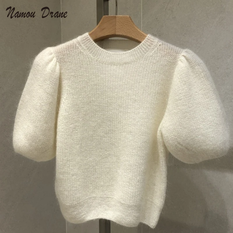 

Namou Drane Sweet Puff Sleeve Knitwear Women Korean 2021 Autumn Winter Knitted Sweaters Causal O-neck Pullover Knitting Tops