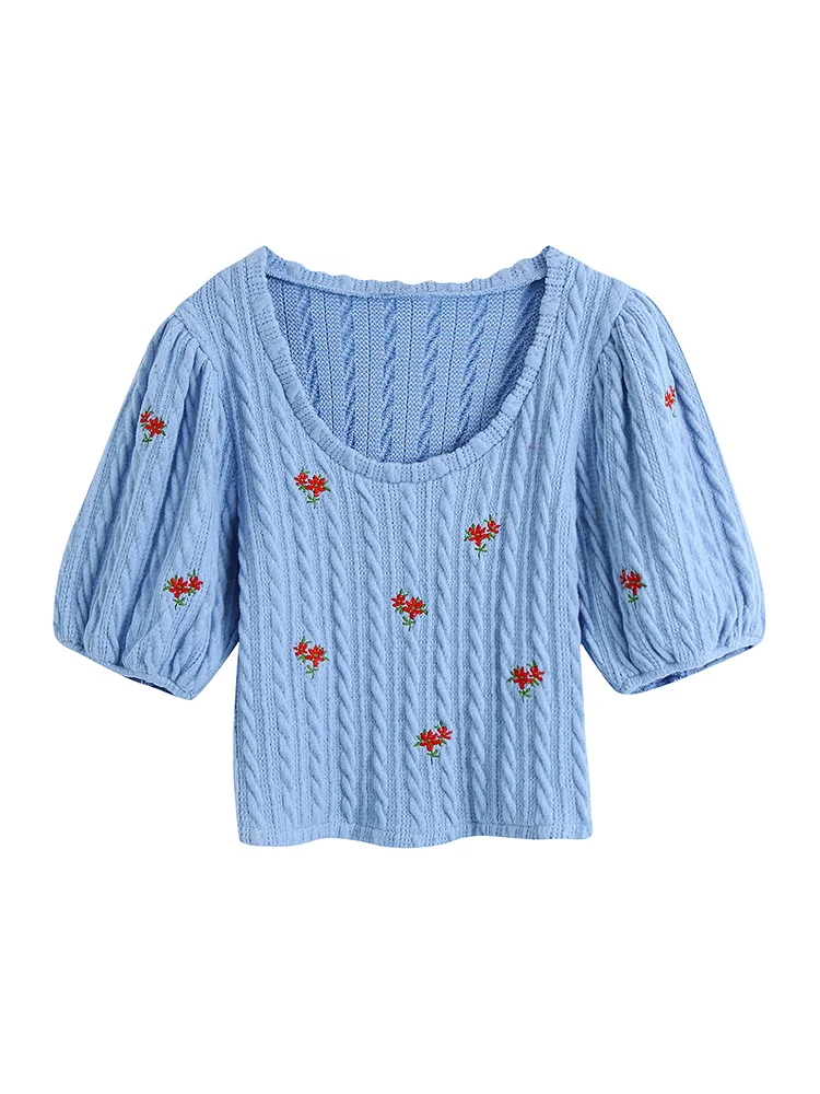 

Cropped Sweater Women 2022 Fashion Sweet Floral Embroidery Crop Top Scoop Neck Short Puff Sleeve Summer Twist Knit Tops Knitwear
