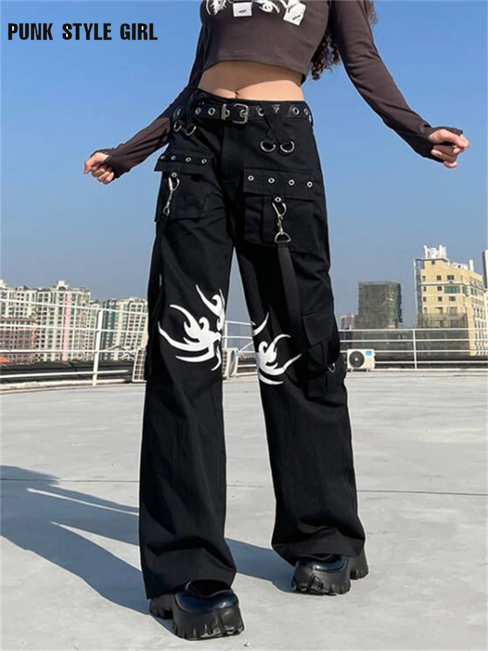 

Gothic Capris Bandage Women Punk Cyber Wide Leg Pants Dark Academic Casual Trousers Korean Fashion Cargo Baggy Jeans 90s Clothes